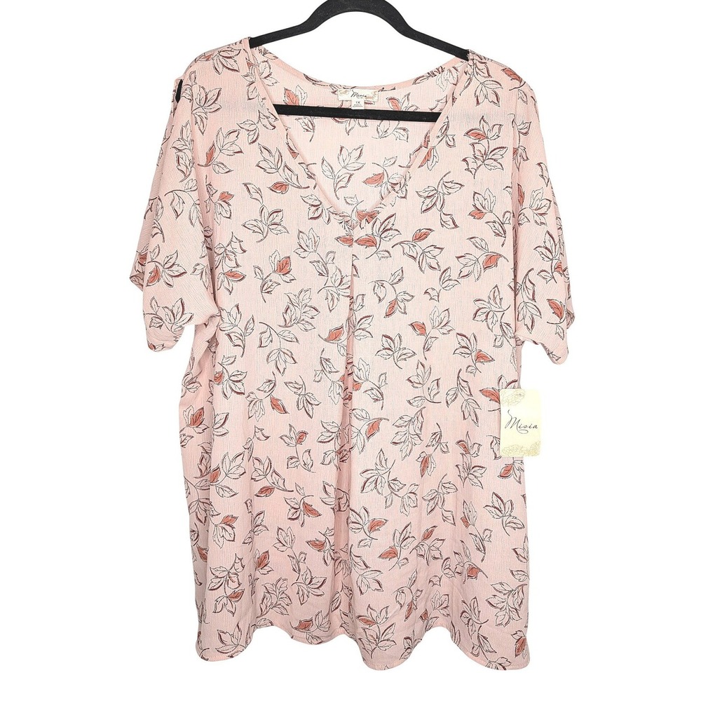 Misia Womens 1X Pink Leaf Print V-Neck Short Sleeve Blouse Top NWT